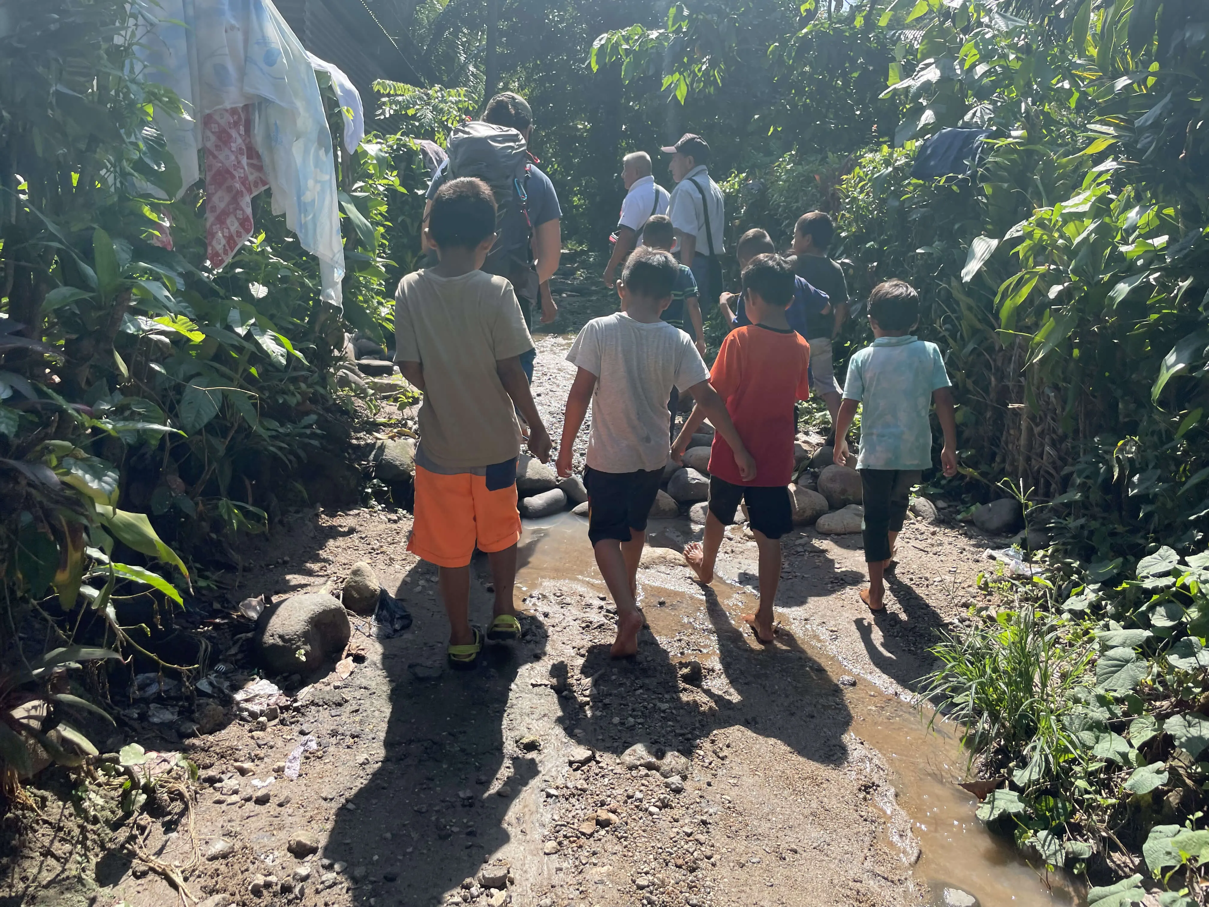 Three boys walking along a path into a rural community.